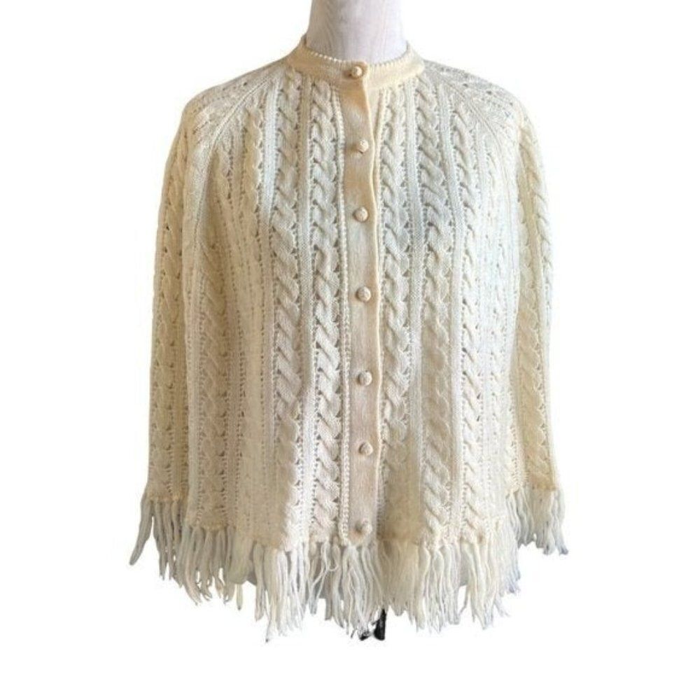 Vintage Barbara Lee Wool Knit Fringe Cape Size Medium